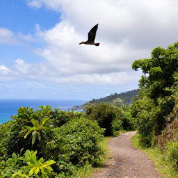 Caribbean Holidays, February Birdwatching, Saba island mountain trail with a red-billed tropicbird flying above lush forest and sea
