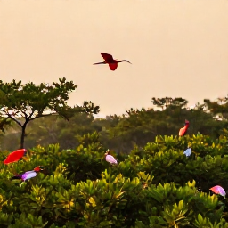 Caribbean Holidays, February Birdwatching, Scarlet ibis and colourful tropical birds flying over the mangroves of Caroni Swamp in Trinidad at golden morning light