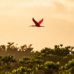 Caribbean Holidays, February Birdwatching, Scarlet ibis flying over mangroves at sunset in Caroni Bird Sanctuary, Trinidad