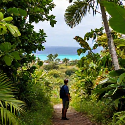Caribbean Holidays, February Birdwatching, Tropical hillside trail on Saint Martin with a birder looking towards forest canopy and distant Caribbean sea