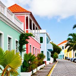 Caribbean Holidays, February Breaks, Historic Danish colonial buildings and charming streets in Charlotte Amalie, St Thomas, with pastel colours and tropical plants