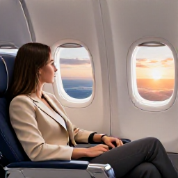Caribbean Holidays, February Business Class, A business class passenger relaxing in a comfortable aircraft seat, looking out towards a bright Caribbean sunrise, elegant but realistic travel photography