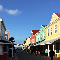 Caribbean Holidays, February Business Class, A colourful waterfront street in Charlotte Amalie, St Thomas, with historic buildings, local shops and visitors exploring in warm February sunshine