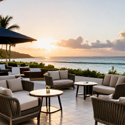 Caribbean Holidays, February Business Class, A stylish Caribbean hotel terrace overlooking the sea at sunset in the United States Virgin Islands, comfortable seating and an elegant relaxed atmosphere