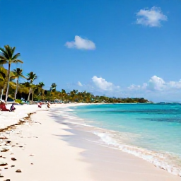Caribbean Holidays, February Business Class, A sunny Caribbean beach in the United States Virgin Islands in February, calm turquoise water, white sand, palm trees and a few relaxed visitors