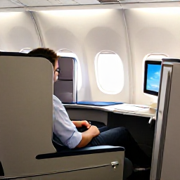 Caribbean Holidays, February Business Class, Business class passenger relaxing in a spacious aircraft seat before a Caribbean holiday, warm natural light, premium travel atmosphere
