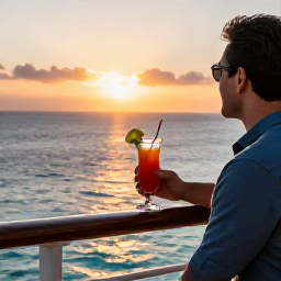 Caribbean Holidays, February Business Class, Business class traveller enjoying a sunset drink on a Caribbean resort terrace overlooking the sea, smart casual holiday setting