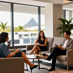 Caribbean Holidays, February Business Class, Business class travellers relaxing in a stylish airport lounge before a Saint Lucia holiday
