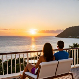 Caribbean Holidays, February Business Class, Couple watching the sunset over the Caribbean from a Saint Lucia hotel terrace
