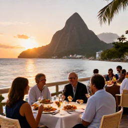 Caribbean Holidays, February Business Class, Elegant beachfront restaurant in Saint Lucia at sunset with diners enjoying Caribbean cuisine