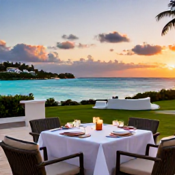 Caribbean Holidays, February Business Class, Elegant Caribbean resort overlooking a calm turquoise bay at sunset, comfortable outdoor dining and relaxed luxury atmosphere