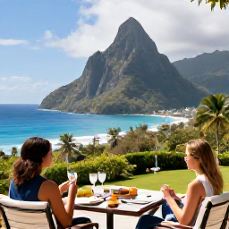 Caribbean Holidays, February Business Class, Travellers enjoying a scenic Saint Lucia resort with views of the Pitons and Caribbean Sea