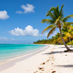 Caribbean Holidays, February Business Class, White sandy Caribbean beach with turquoise water, palm trees and bright February sunshine, peaceful tropical holiday scene