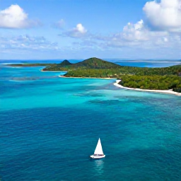 Caribbean Holidays, February Caribbean, Aerial view of turquoise Caribbean sea, lush green islands and a small sailing boat beneath a bright February sky