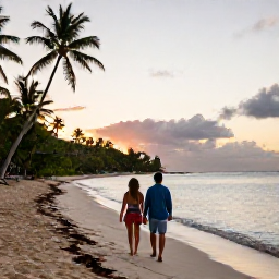 Caribbean Holidays, February Caribbean, Couple walking along a sandy Caribbean beach at sunset with calm sea and tropical scenery