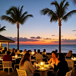 Caribbean Holidays, February Caribbean Escape, A relaxed Caribbean evening in Grand Cayman, with diners at an outdoor restaurant, palm trees and a colourful sunset over the sea