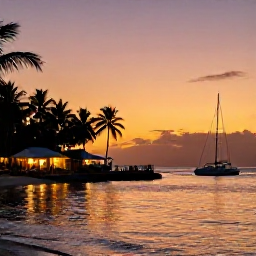 Caribbean Holidays, February Caribbean, Golden sunset over a Caribbean bay with a small catamaran, warm lights from waterfront restaurants and palm silhouettes