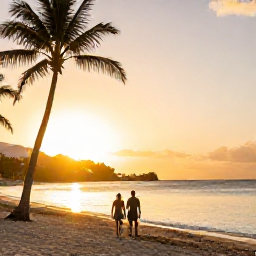 Caribbean Holidays, February Caribbean Holiday, Couple walking along a palm-fringed Caribbean beach on Saint Martin at sunset, with warm golden light and calm sea