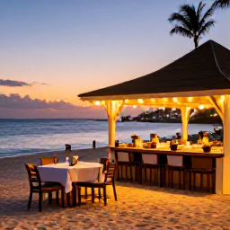 Caribbean Holidays, February Caribbean Holiday, Outdoor restaurant in Grand Case, Saint Martin, serving Caribbean and French food beside a warmly lit beach at sunset