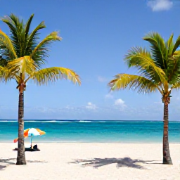 Caribbean Holidays, February Caribbean Holiday, Sunny Caribbean beach on Saint Martin with turquoise water, palm trees and a few colourful beach umbrellas
