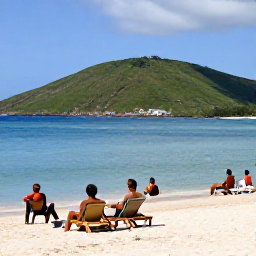 Caribbean Holidays, February Caribbean Holiday, Visitors relaxing on Orient Bay Beach with calm turquoise water, sun loungers and green hills in the background