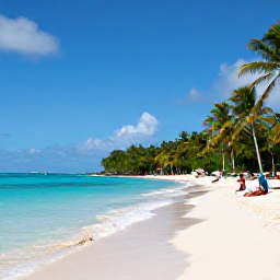 Caribbean Holidays, February Caribbean Holidays, Warm Caribbean beach in February with clear turquoise water, palm trees and travellers relaxing beside a quiet shoreline