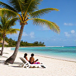 Caribbean Holidays, February Caribbean, Relaxed Caribbean beach with palm trees, clear shallow water, sun loungers and a couple enjoying a peaceful February afternoon