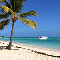 Caribbean Holidays, February Caribbean Tours, A bright Caribbean beach in February with turquoise water, palm trees and a small tour boat near the shore