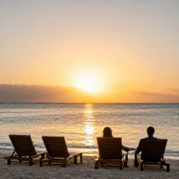 Caribbean Holidays, February Caribbean Tours, A relaxed Caribbean resort beach at sunset with comfortable loungers, calm sea and a couple enjoying the evening