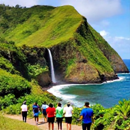 Caribbean Holidays, February Caribbean Tours, A scenic Caribbean coastline with lush green hills, a waterfall and travellers enjoying a guided nature excursion