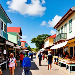 Caribbean Holidays, February Caribbean Tours, Travellers exploring a colourful Caribbean town with colonial buildings, local shops and a lively market