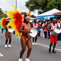 Caribbean Holidays, February Carnival, Colourful Saint Vincent Carnival street parade in Kingstown, with dancers in bright costumes, steel pans and a lively Caribbean crowd