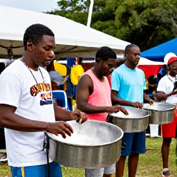 Caribbean Holidays, February Carnival, Local musicians playing steel pan drums at a small outdoor cultural event in Saint Vincent, with visitors enjoying the music
