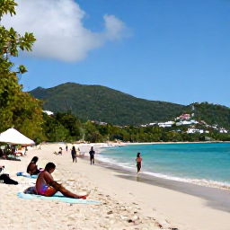 Caribbean Holidays, February Carnival, Visitors enjoying a relaxed cultural holiday in Saint Vincent, with a sunny beach, green hills and traditional island scenery