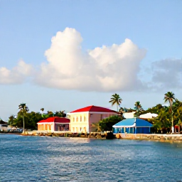 Caribbean Holidays, February City Breaks, Bright morning view of Basseterre waterfront in Saint Kitts, with colourful historic buildings, palm trees and the Caribbean Sea