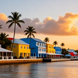 Caribbean Holidays, February City Breaks, Colourful Caribbean city waterfront at sunset, palm trees, historic buildings and warm evening light
