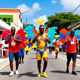 Caribbean Holidays, February City Breaks, Colourful Carnival costumes and musicians parading through the streets of Port of Spain, Trinidad, in bright February sunshine
