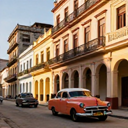 Caribbean Holidays, February City Breaks, Havana old town street with vintage classic cars, colourful colonial buildings, balconies and warm afternoon light