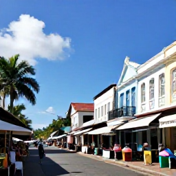 Caribbean Holidays, February City Breaks, Historic streets of Bridgetown with pastel buildings, market stalls, pedestrians and tropical sunshine