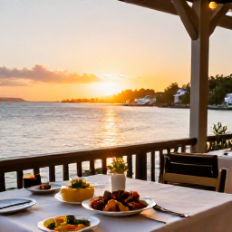 Caribbean Holidays, February City Breaks, Outdoor table at a friendly Basseterre restaurant at sunset, with local Caribbean dishes and the harbour in the background