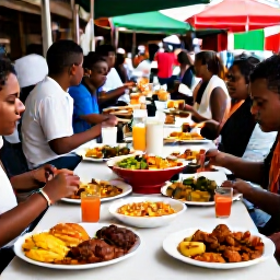 Caribbean Holidays, February City Breaks, Outdoor table serving Trinidadian street food, including doubles and grilled specialities, in a busy Port of Spain market