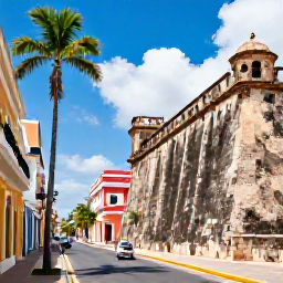 Caribbean Holidays, February City Breaks, San Juan Puerto Rico colourful La Fortaleza street, palm trees, historic fort walls and bright Caribbean daylight