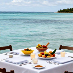 Caribbean Holidays, February Cooking Holidays, Outdoor Caribbean dining table beside a calm turquoise sea, with colourful local dishes, candles and relaxed holiday atmosphere