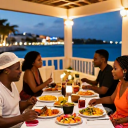 Caribbean Holidays, February Cooking Holidays, Relaxed February evening in Cura&ccedil;ao with travellers enjoying a colourful local dinner on a softly lit terrace
