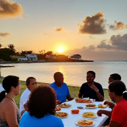 Caribbean Holidays, February Cooking Holidays, Sunset over a Caribbean island village with a small cooking class group sharing food at an outdoor table