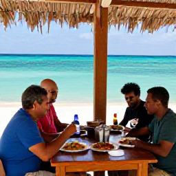 Caribbean Holidays, February Cooking Holidays, Visitors tasting freshly cooked Caribbean dishes at a shaded seaside table in Cura&ccedil;ao, with turquoise water nearby