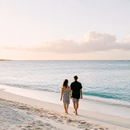 Caribbean Holidays, February Couples, A couple walking barefoot along the bright white sand of Grace Bay Beach in Turks and Caicos at sunrise, calm turquoise sea and soft morning light