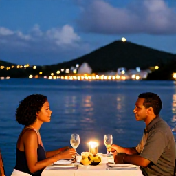 Caribbean Holidays, February Couples, Couple enjoying a candlelit waterfront dinner in the US Virgin Islands with harbour lights in the background