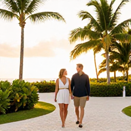 Caribbean Holidays, February Couples, Happy couple strolling through a peaceful tropical setting on Providenciales, palm trees, warm sunshine and relaxed island atmosphere