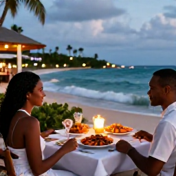Caribbean Holidays, February Couples Holidays, A candlelit table for two at a Caribbean seaside restaurant in Saint Kitts, fresh seafood, tropical evening and gentle waves